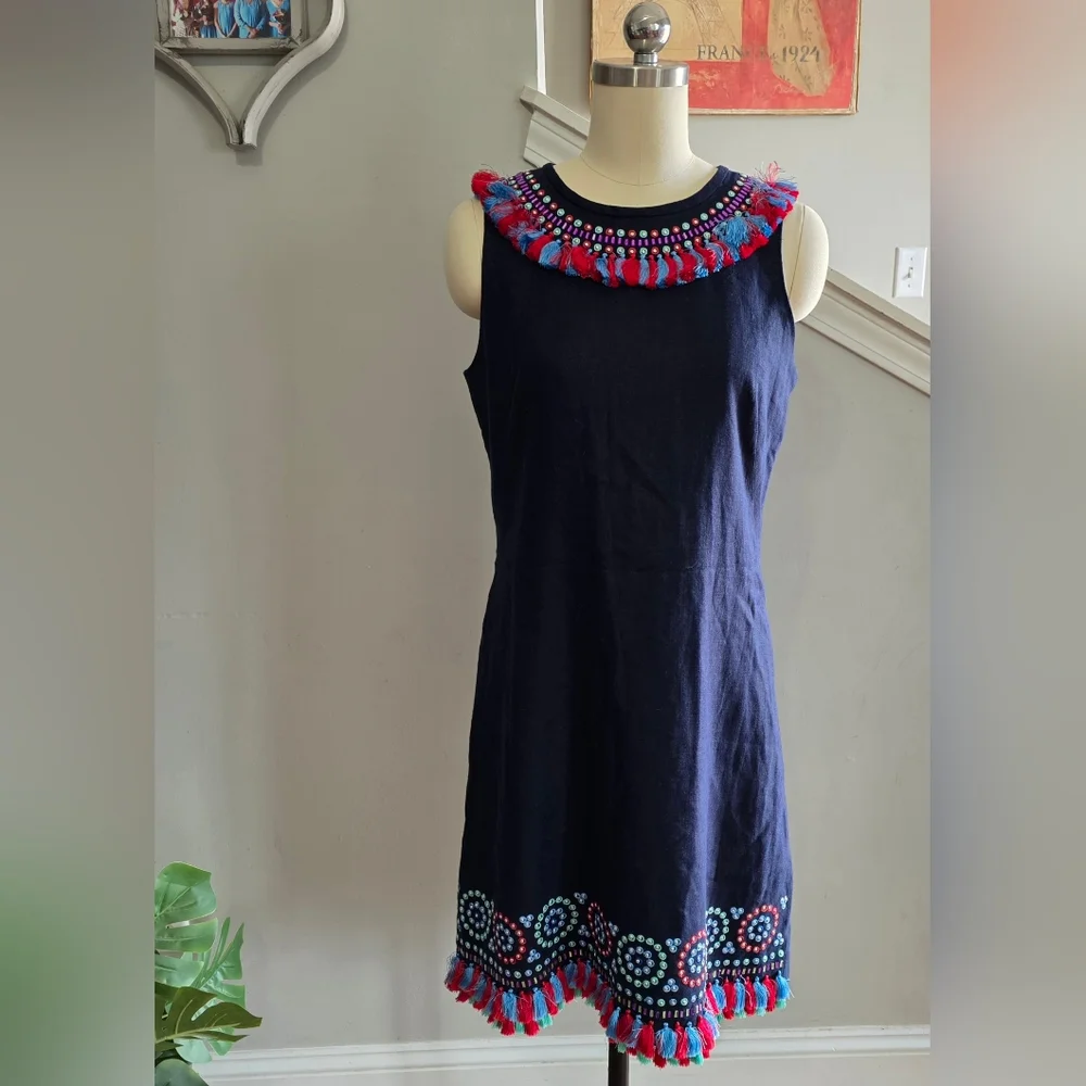 Kate Spade Dress Linen Blend Navy Blue  Fringe Size 6